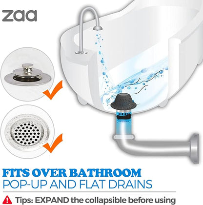zaa Bathtub Drain Hair Catcher, Premium Silicone Collapsible 2 Pack Drain Protector for Pop-Up & Regular Drains of Shower, Bathtub, Tub, Bathroom, Sink, Black Black