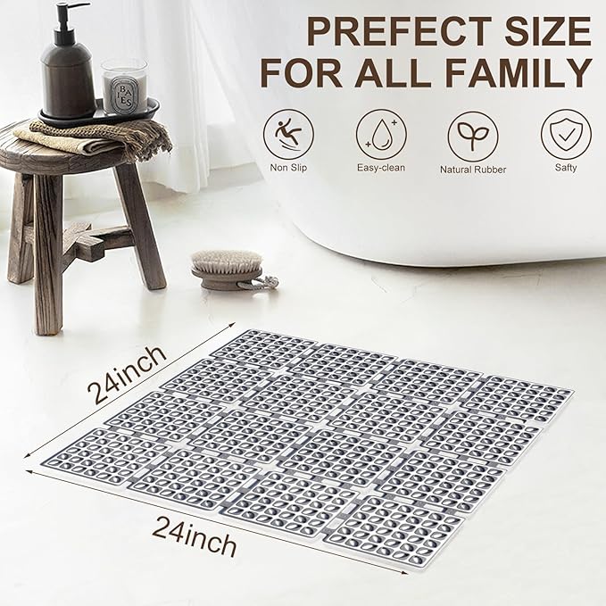 Shower Mat Non Slip，24"X24" Bathtub Mat Non Slip Square Shower Mats for Inside Shower with Drain Holes Suction Cups, Quick Drain, TPE Shower Floor Mat for Elderly & Kids (D-Grey)