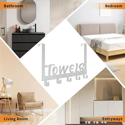 Over The Door Hook, Towel Holder Towel Hook for Bathroom, Towel Hanger Door Rack with 5 Coat Hooks, Over The Door Hanger Towel Rack for Bathroom, Bedroom Towels Coats(Silver)