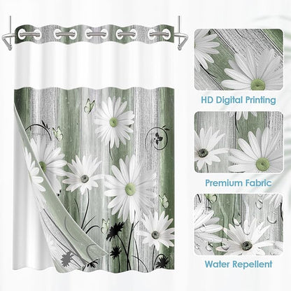 No Hook Green Daisy and Butterfly Shower Curtain with Snap in Fabric Liner Set, Rustic Farmhouse Double Layers Waterproof Fabric with See Through Top Window Open Grommet Bath Curtain 71x86 Inch