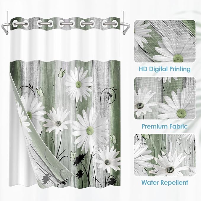 No Hook Green Daisy and Butterfly Shower Curtain with Snap in Fabric Liner Set, Rustic Farmhouse Double Layers Waterproof Fabric with See Through Top Window Open Grommet Bath Curtain 54x80 Inch