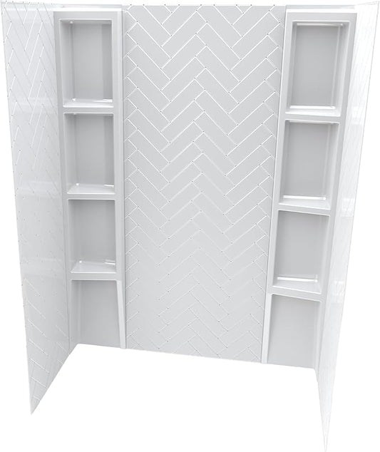 White Acrylic Shower Wall Surround 36"x 60"x 80" - Waterproof Easy-to-Install Two Shelf Units Kit Included - Shower Wall Surround Panels - Chevron Tiles Pattern, Classic Shelves