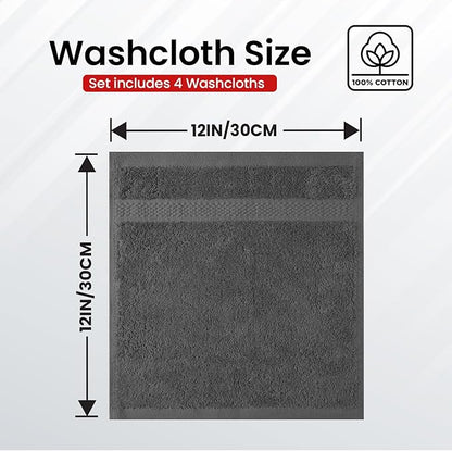 Infinitee Xclusives Luxury Wash Cloths for Showering [13x13] – 100% Cotton Washcloths [Pack of 4], Soft and Absorbent Face Towels for Bathroom Wash Clothes, Gym, and Spa (Shadow Grey)