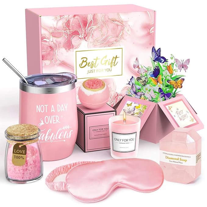 Christmas Spa Gift Basket with Bath Essentials- Pink Rose Relaxation Kit Set, Birthday Spa Items Box for Women, Wife, Mom, Sister, Mom, Her, Friends