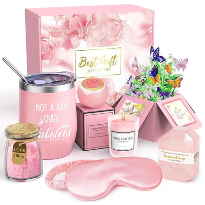 Christmas Spa Gift Basket with Bath Essentials- Pink Rose Relaxation Kit Set, Birthday Spa Items Box for Women, Wife, Mom, Sister, Mom, Her, Friends