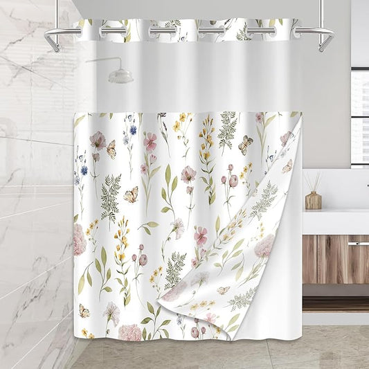 No Hook Shower Curtain Set with Snap in Fabric Liner for Bathroom,with See Through Top Window,Double Shower Curtain with Detachable Liner Replacement,Machine Washable,Floral,71x74inch