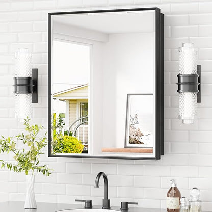 TETOTE Medicine Cabinet Mirror 24" x 30" Black Bathroom Mirrored Cabinets with Stepless Adjustable Shelves Beveled Aluminum Frame, Wall-Mounted or Recessed