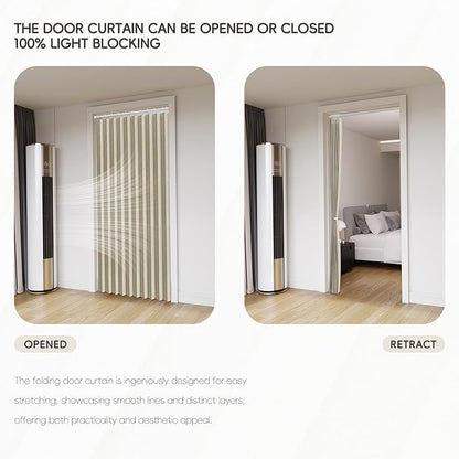 Accordian Door Curtain, 100% Blackout Folding Magnetic Doorway Curtains,Linen Style Closet Doors,for Room Divider,Privacy Protection（W72 x L78,Beige,1 Panel）