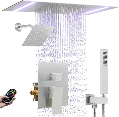 Rain Shower Head System with 14x20 Inch Ceiling Mount LED Head & 6 Inch Wall Head and Handheld Shower 3 Way Pressure Balance Valve Kit,Brushed Nickel
