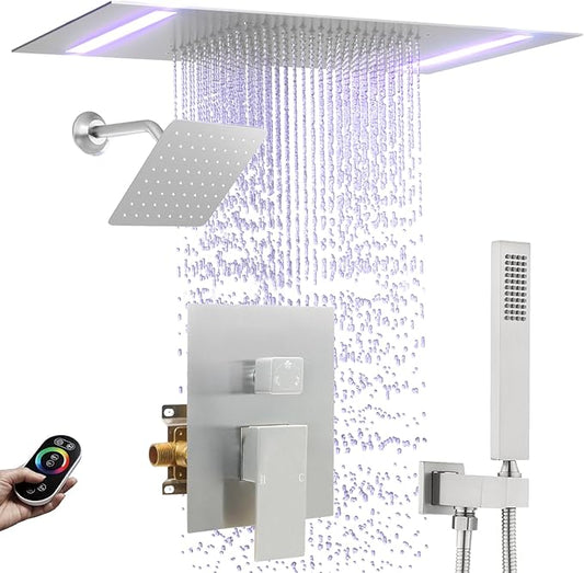 Rain Shower Head System with 14x20 Inch Ceiling Mount LED Head & 6 Inch Wall Head and Handheld Shower 3 Way Pressure Balance Valve Kit,Brushed Nickel