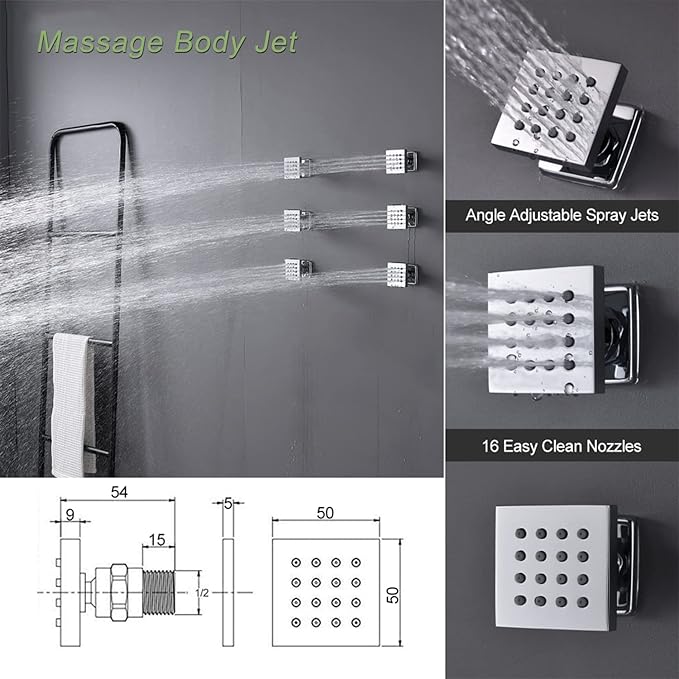 Polished Chrome Shower Set with 16X24 inch Ceiling Mount Showerhead(Two Modes), Handheld Spray and 6 PCS Body Jet, 4 Way Digital Temperature Display Shower System