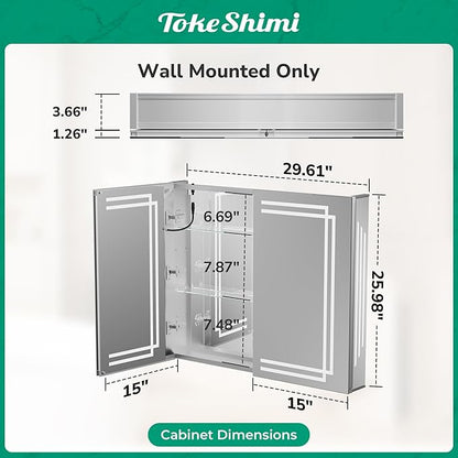 TokeShimi 30x26 Bathroom Mirror Medicine Cabinet with Light 3 Colors, Anti-Fog Tempered LED Mirror with Storage, Stepless Dimming CRI 80+, Memory Funtion, Wall Mirrored Cabinet for Bathroom Décor