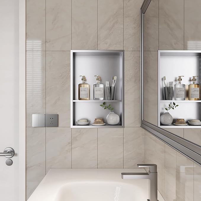 Neodrain 12X18 Inch Brushed Shower Niche, Double Shelf Stainless Steel No Tile Needed Bathroom Cabinet, Two Layer Recessed Built-in Wall Niche Waterproof
