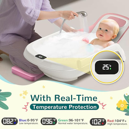 Baby Bathtub,5-in-1 Reclining Baby Bathtub,Baby Bath Tub with Real-Time Thermometer, Adjustable Recline for Custom Comfort for Newborn to Toddler- Ages 9 to 36 Months,Portable Newborn Travel Bath tub
