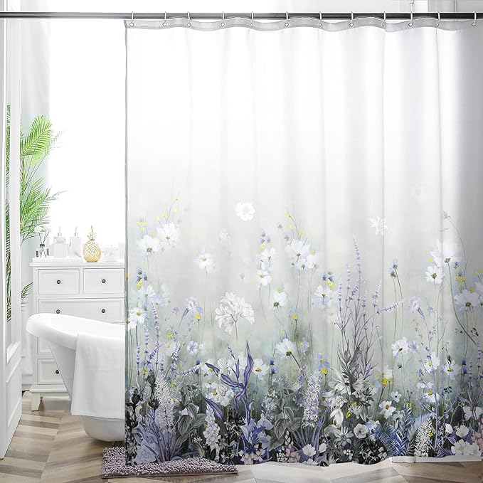 Bohemian Shower Curtain, Boho Floral Print Water Repellent Polyester Fabric for Bathroom Decor, 72×72 Inch Standard Size with 12 Hooks, Also as Room Divider