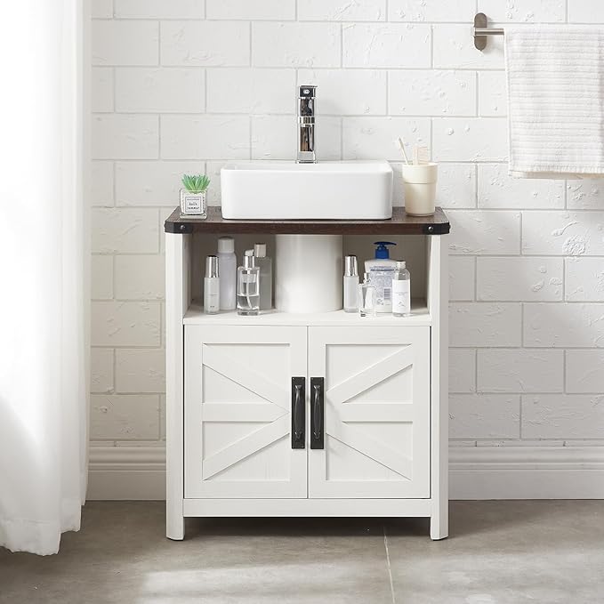 Bathroom Floor Cabinet, Farmhouse Storage Cabinet, Adjustable Shelf, Barn Doors, Cabinet for Bathroom, Kitchen, Living Room(Antique White)