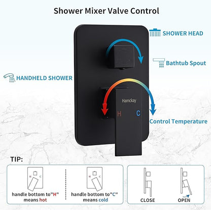 10 inch Matte Black Shower System with Tub Spout, Shower Faucet Set with Rain Shower Head and Handheld 3-Setting, Waterfall Bathtub Spout Rainfall Shower Combo Set for Bathroom Wall Mounted