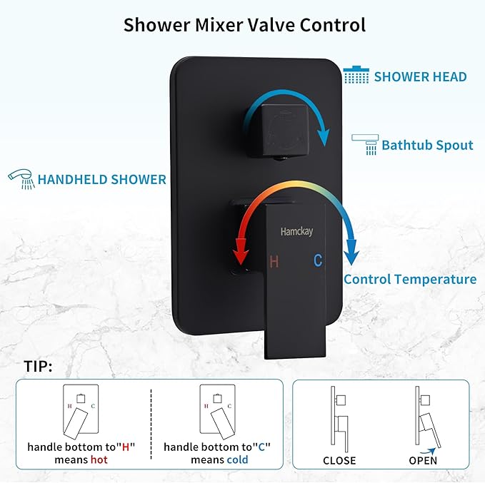 12 inch Matte Black Shower System with Tub Spout, Shower Faucet Set with Rain Shower Head and Handheld 3-Setting, Waterfall Bathtub Spout Rainfall Shower Combo Set for Bathroom Wall Mounted
