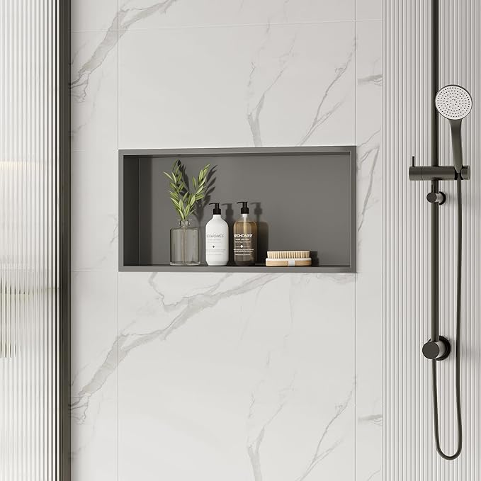 Neodrain 24X12Inch Shower Niche, Gun Metal Stainless Niche NO Tile Needed Recessed Shower Shelf for Bathroom Storage