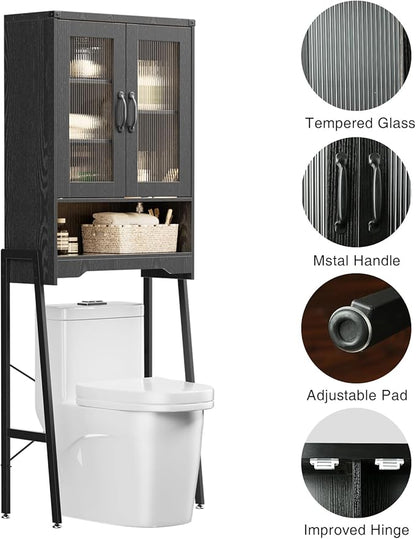 Over The Toilet Storage Cabinet with Tempered Glass Doors & Adjustable Shelf, Bathroom Organizer with Metal Stand Space Saver Over Toilet , Tall Freestanding Shelf/Rack for Bathroom, Black