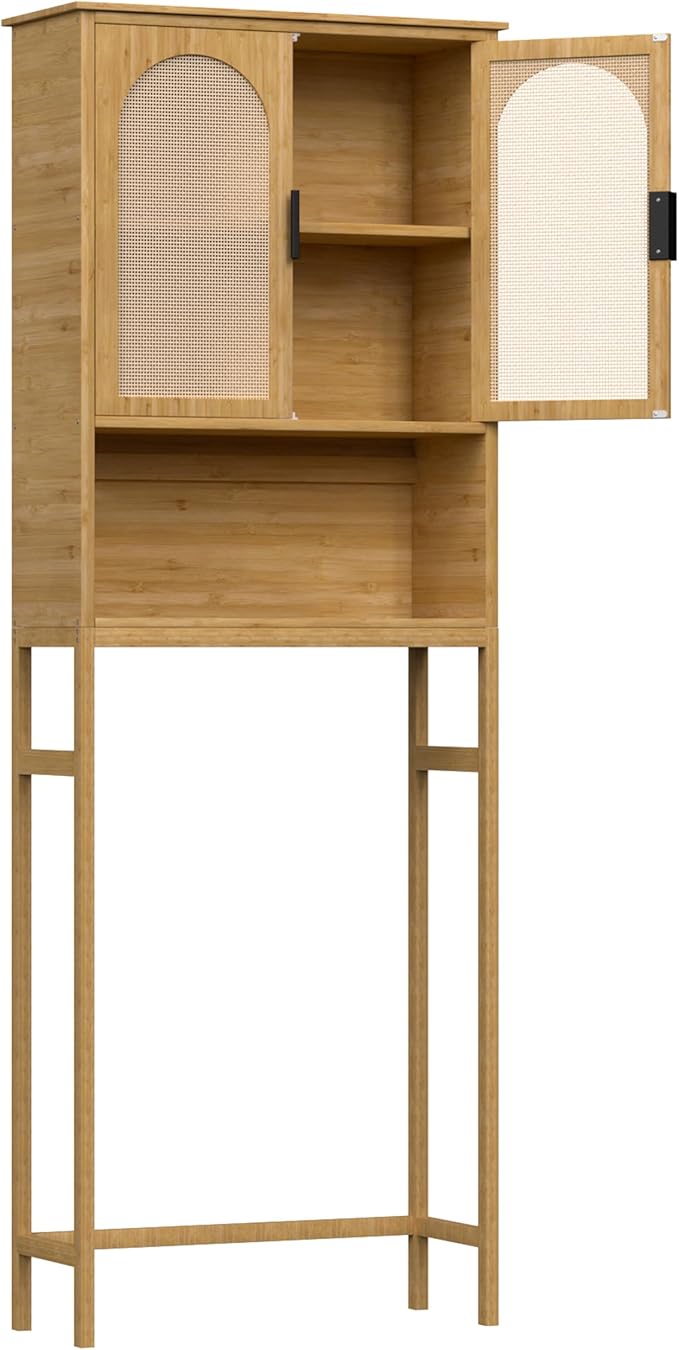 BlueWish Bathroom Organizers and Storage, Bamboo Over The Toilet Storage Cabinet with Inverted U-Shaped Door & Anti-Tip Device, Space Saver, Natural