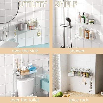 UDD Acrylic Clear Shower Caddy Shower Organizer, Plastic Adhesive Shelf with Hook and Self Adhesive Tape, No Drilling Wall Mount Shower Shelves for Bathroom Kitchen, Transparent