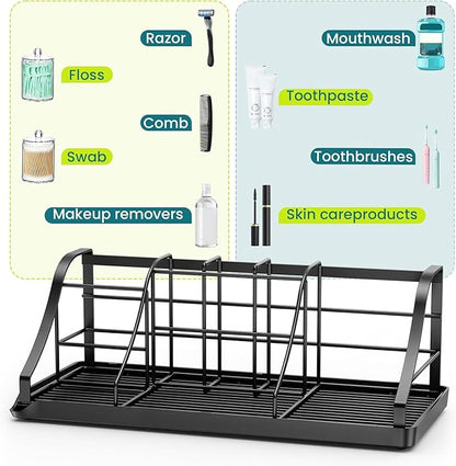 Bathroom Countertop Organizer - Detachable 7 Slots Kids Electric Black Toothbrush and Toothpaste Holder Drainage Tray for Bathroom Accessories Organization Counter Vanity Sink Storage