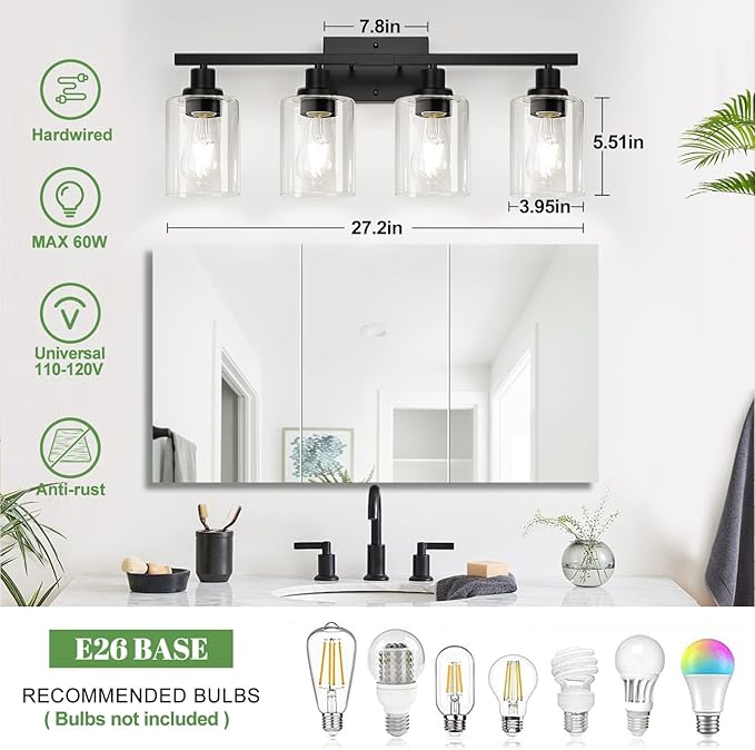 4-Light Bathroom Light Fixtures, Vanity Light with Clear Glass Shades, Matte Black Bathroom Light Fixtures Over Mirror, Modern Bathroom Wall Lamp for Mirror Living Room Cabinet Bedroom