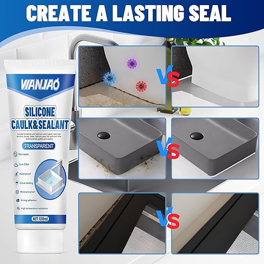 2PCS Clear Caulking Silicone Waterproof, Silicone Sealant Waterproof Clear High Efficiency Long-Lasting for Bathroom Glass Partitions Wash Basins Bathtubs Kitchen Countertops Corner, 2 * 120ml