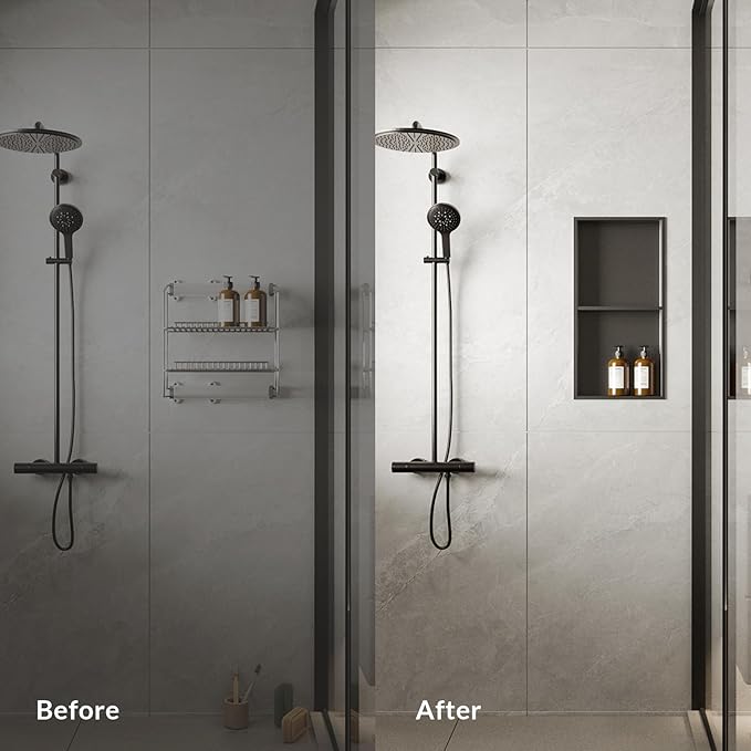 No Tile Needed Matte Black Shower Niche Insert – Retrofit Waterproof 304 Stainless, Sloped Base, 12''×20''(13×6) Recessed Shelf for Contractor Remodel Showers