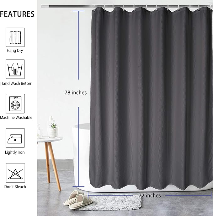 AooHome Extra Long Shower Curtain, Fabric Bathroom Curtain Waffle Weave Decor with Hooks, Weighted Hem, Heavy Duty, Water Repellent, Charcoal, 72x78 Inch