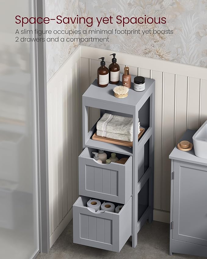 VASAGLE Storage Cabinet, Storage Organizer Rack Stand for Bathroom, Living Room, Bedroom, Multifunctional Corner Unit, 2 Drawers, 35 Inches in Height, Dove Gray UBBC042G02
