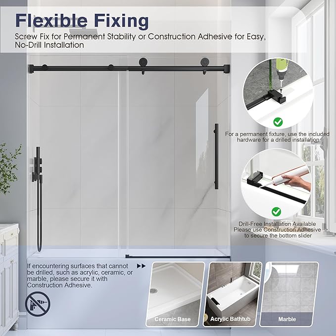 Bathtub Shower Door Frameless, 55-60" W x 60" H Sliding Tub Shower Door, 1/4''(6mm) SGCC Tempered Glass with Explosion-Proof Film Nano Coating, Stainless Steel Hardware, Matte Black