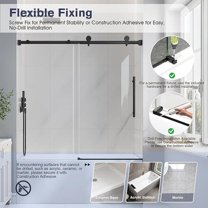 Bathtub Shower Door Frameless, 55-60" W x 60" H Sliding Tub Shower Door, 1/4''(6mm) SGCC Tempered Glass with Explosion-Proof Film Nano Coating, Stainless Steel Hardware, Matte Black