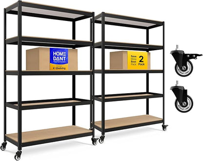 HOMEDANT House 5-Tier Metal Rolling Cart Shelf Rack Casters Heavy Duty Laminated Wheel Shelving Unit Adjustable Utility Storage Shelves Organizer Shelf Kitchen Garage (2, (L) 48.1" W, Black)