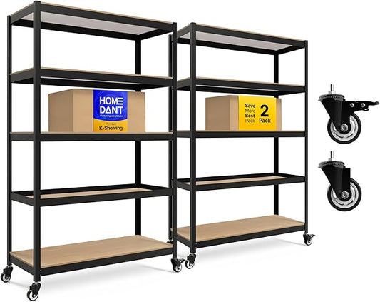HOMEDANT House 5-Tier Metal Rolling Cart Shelf Rack Casters Heavy Duty Laminated Wheel Shelving Unit Adjustable Utility Storage Shelves Organizer Shelf Kitchen Garage (2, (L) 48.1" W, Black)