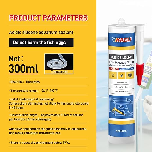 VGS067Aquarium Safe Silicone Sealant - 100% Waterproof Fish Tank Glue, Clear Structural Adhesive for Glass Building & Repair, High Strength Acidic Cure, (10.15 fl oz- Caulking Gun Required)