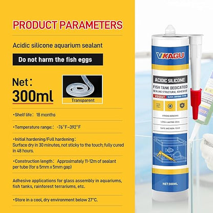 VGS067Aquarium Safe Silicone Sealant - 100% Waterproof Fish Tank Glue, Clear Structural Adhesive for Glass Building & Repair, High Strength Acidic Cure, (10.15 fl oz- Caulking Gun Required)