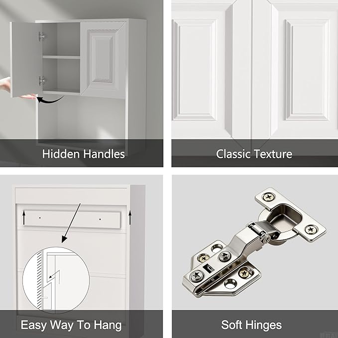 Bathroom Wall Cabinet Wooden with 2 Doors,Over the Toilet Storage Cabinet,Bathroom and Laundry Wall Mount Storage Medicine Cabinet with Open and Adjustable Shelf,Easy Assembly (Style B-2 PC, White)
