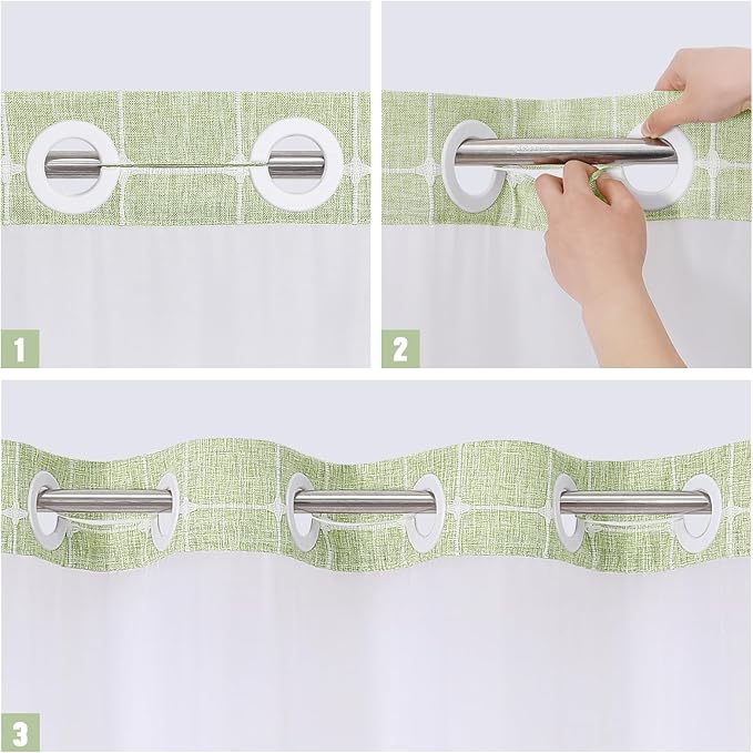 MitoVilla No Hooks Required Farmhouse Shower Curtain with Snap-in Liner - with Window & Magnets, Boho Cotton Linen Fabric Shower Curtains with Tassels for Rustic Bathroom Decor, Sage Green, 72 x 74