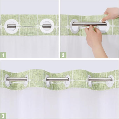 MitoVilla No Hooks Required Farmhouse Shower Curtain with Snap-in Liner - with Window & Magnets, Boho Cotton Linen Fabric Shower Curtains with Tassels for Rustic Bathroom Decor, Sage Green, 72 x 74