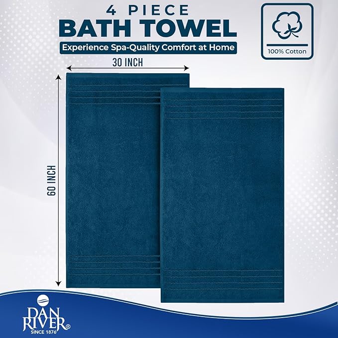 DAN River Extra Large Bath Towels Set of 4, 30 x 60 Inches - 100% Cotton Larger & Lighter Weight Towels for Bathroom - Quicker to Dry, Super Soft & Highly Absorbent Towels for Home, Blue Opal