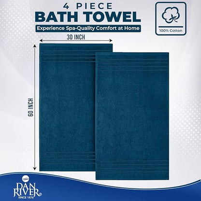 DAN River Extra Large Bath Towels Set of 4, 30 x 60 Inches - 100% Cotton Larger & Lighter Weight Towels for Bathroom - Quicker to Dry, Super Soft & Highly Absorbent Towels for Home, Blue Opal