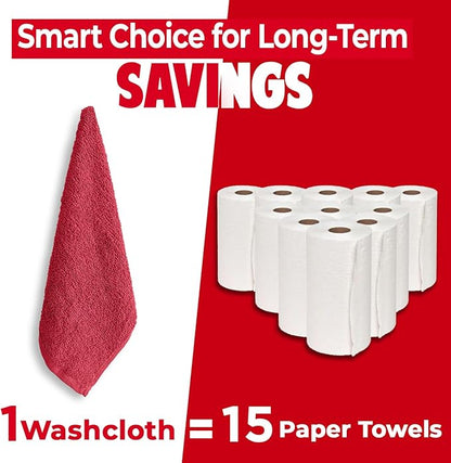 DAN RIVER 12 Pack Wash Cloths for Showering [12x12] - 100% Cotton Washcloths Premium Quality Flannel Face Cloths for Bathroom, Highly Absorbent and Soft Feel Wash Clothes, Red