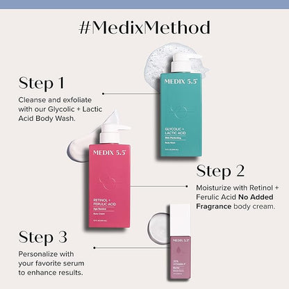 Medix 5.5 Glycolic Acid + Lactic Acid Exfoliating Body Wash Gel | KP Bump Eraser | AHA Exfoliant Skin Care Body Cleanser | Keratosis Pilaris & Acne | Anti Aging AHA Foaming Body & Face Wash, 15 Fl Oz