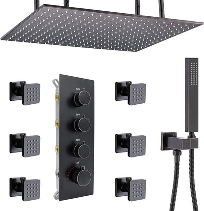 16x32 Inches Bathroom Shower System Ceiling Mount Thermostatic Luxury Rain Shower With 6 On/Off Body Jets and Handheld Shower Faucet Set Full Body Massage Shower Mixer Combo Set Oil Rubbed Bronze