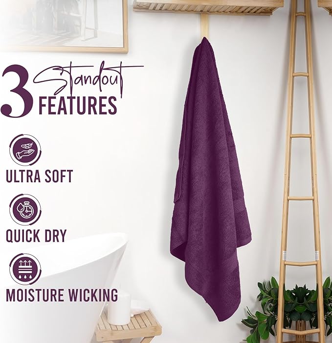 RIVERSIDE 100% Ring Spun Cotton Large Bath Towels Set of 4, 27 x 54 Inches – Quick Dry, Soft & Highly Absorbent Towels for Shower & Bathroom – Luxury 600 GSM Towels for Home, Spa, Gym, Hotel, Purple