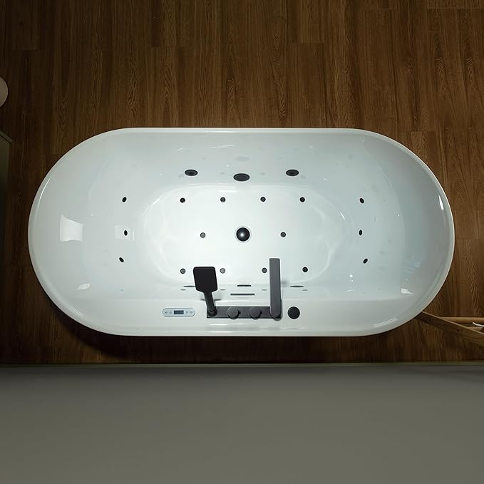 WOODBRIDGE 72" x 35-3/8" Whirlpool and Air Bath Heated Soaking Combination Tub with Adjustable Speed Air Blower, Tub Filler, and LED control panel, Matte Black Finish Trim and Drain Kit, BM500+F0051MB