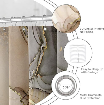 Brown Marble Shower Curtain 60x72, Modern Abstract Fabric Shower Curtains for Bathroom, Luxury Art Ink Texture Watercolor Cloth Shower Curtain Set with Hooks