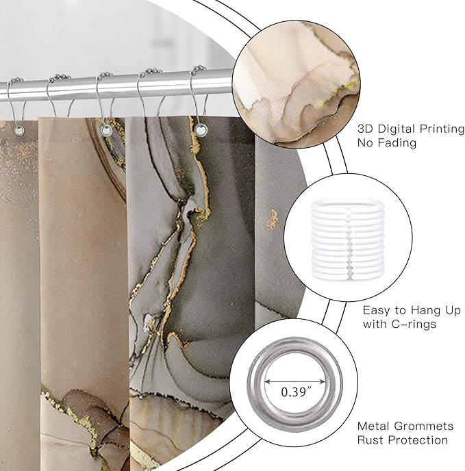 Extra Wide Marble Shower Curtain 108 x 72, Brown Abstract Shower Curtains for Claw Foot Tub, Modern Luxury 108 inch Long Shower Curtain Set with 18 Pack Plastic C-Hooks